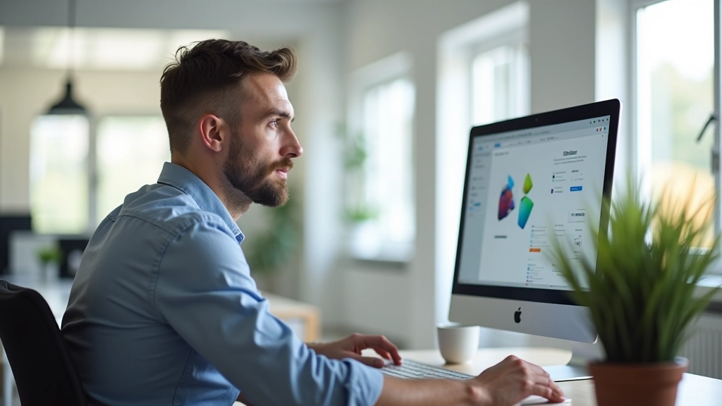 Designer aan het werk op computer met Figma open, prototype-flows zichtbaar op scherm, moderne kantooromgeving