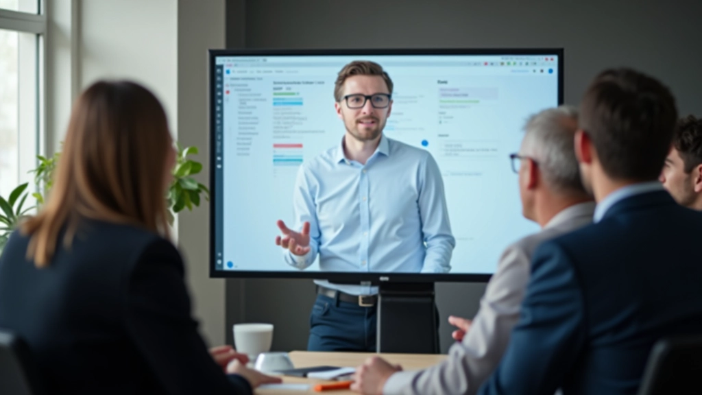 Designer toont prototype op groot scherm aan groep, feedback-discussie, collaborative workspace