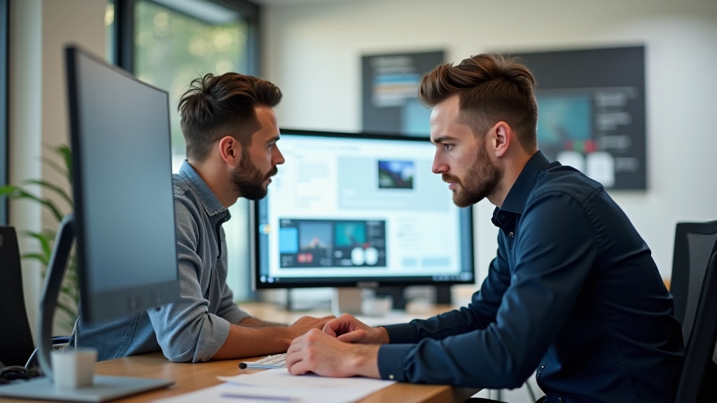 Designer en developer aan tafel, design-file op groot scherm, beide wijzen naar component details