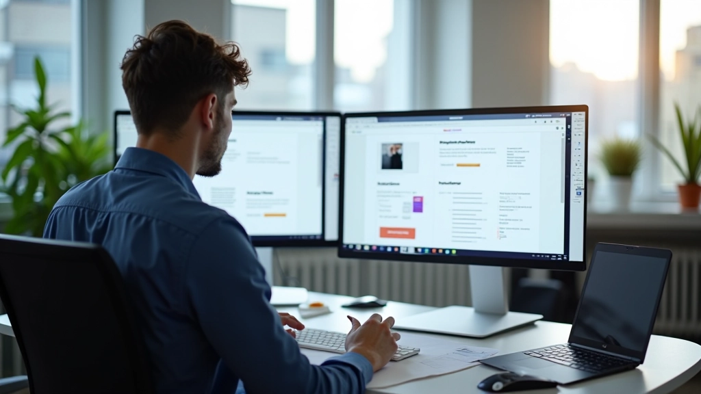 Designer aan bureau met Figma geopend op twee monitoren, wireframe-elementen zichtbaar, heldere werkruimte