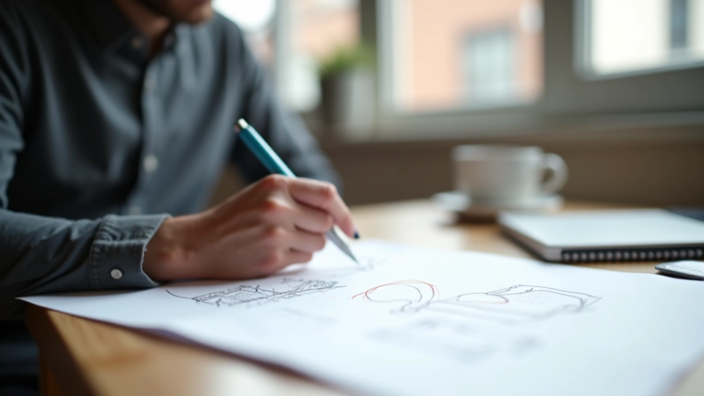 Designer tekent schetsen op papier met pen en notitieblok, workspace met koffiekopje, creatieve omgeving