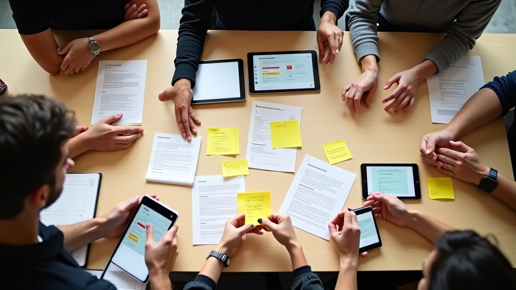 Groep van vier mensen rond een tafel, prototypes op tablets, discussie en feedback notities, collaboratieve workshop