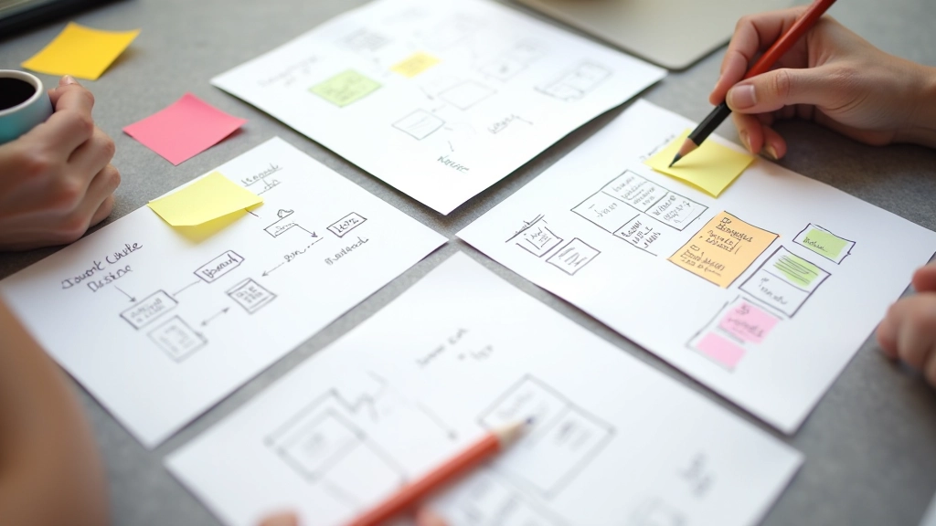 Wireframe-schema op papier met hand-getekende flows, annotaties, en gebruiker-journeys, schets-stijl