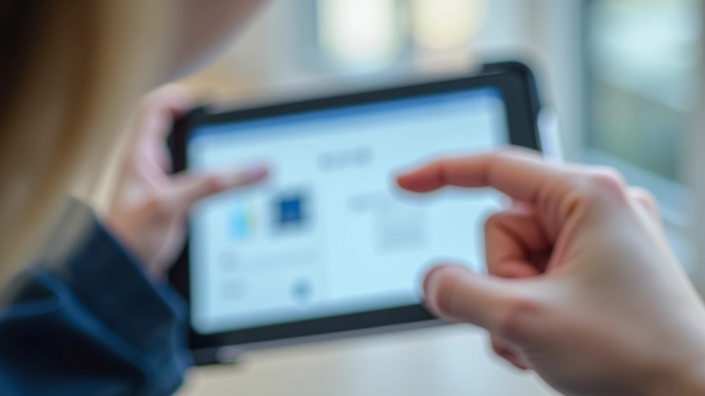 Tablet met interactieve prototype geopend, vinger wijst naar UI-element, test-sessie met gebruiker