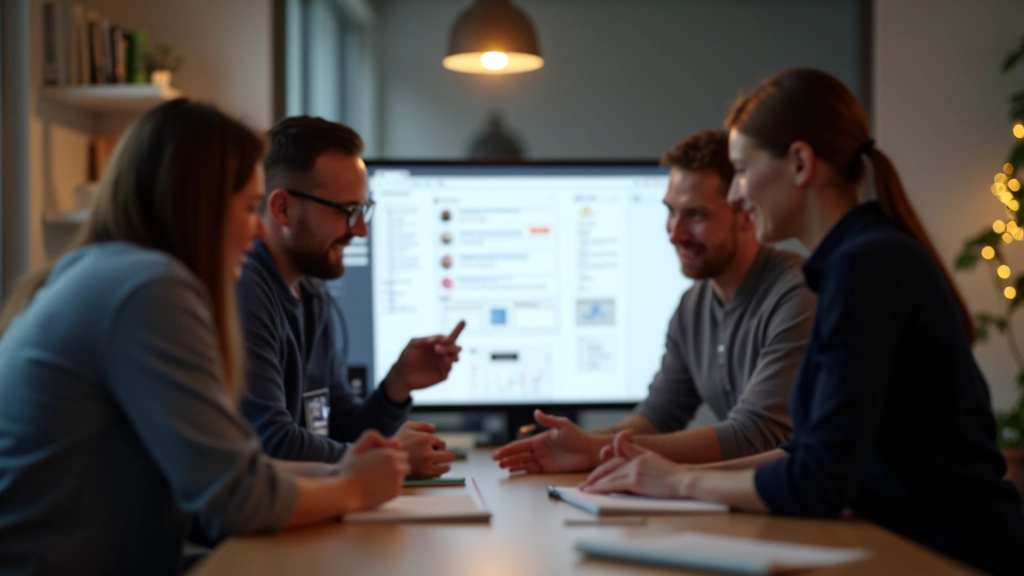 Groep van vier personen rond monitor, prototype bespreken, feedback-sessie, informeel kantoor-setting