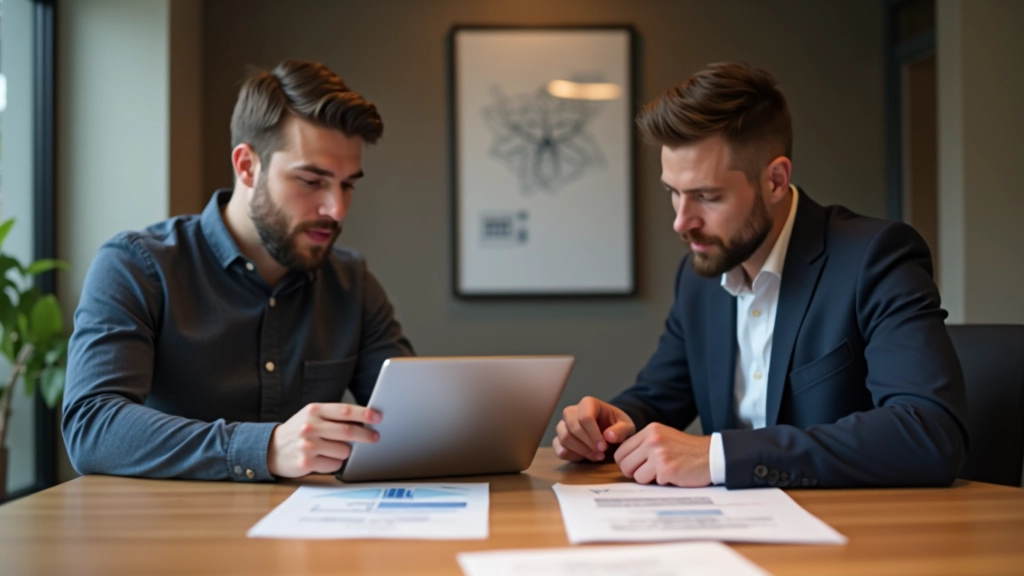 Design review meeting, twee mensen discussiëren over tablet met prototype, feedback-sessie kantoor