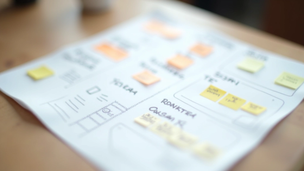 Wireframe uitgeprint op papier met sticky notes en aantekeningen, design review voorbereiding